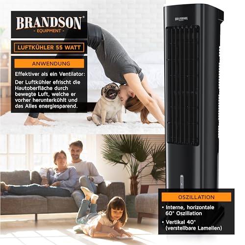 Brandson Luftkühler Wasserkühlung, Turmventilator, Fernbedienung, Schwarz | Verdunstungskühler ohne Abluftschlauch, 5 L Wassertank, 2 Kühlakkus, 330 m³/h, 60° Oszillation, 3 Stufen, Timer, Autostopp