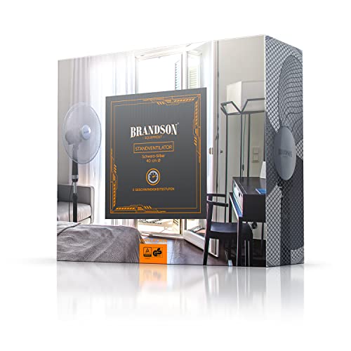Brandson Standventilator 40cm, 50 Watt, oszillierend, Schwarz | Höhenverstellbar 104 bis 122 cm, 3 Stufen, Oszillation 80°, Neigung 30°, Rotor 35 cm, Schutzgitter, breiter Standfuß