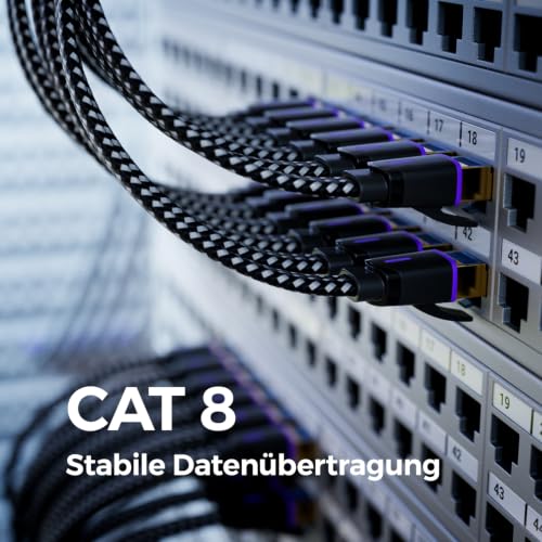 deleyCON 3,0m CAT 8 Flach Netzwerkkabel Nylon RJ45 40 Gbit/s - Schwarz