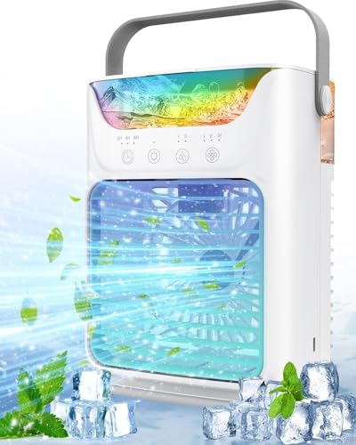 Tragbarer Verdunstungskühler mit 3 Geschwindigkeitsstufen, 2 Nebelstufen, 650 ml Wassertank, 7 Farbleuchten – ideal für Schlafzimmer, Büro und Camping.