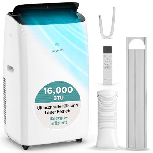 SereneLife Mobile Klimaanlage mit WLAN 16000 BTU 4,69kW- Klimagerät mit Abluftschlauch und Fensterkit, 4-in-1: Kühlen Heizen Entfeuchten Ventilieren, Fernbedienung, Timer, Sleep Mode, bis 50m²