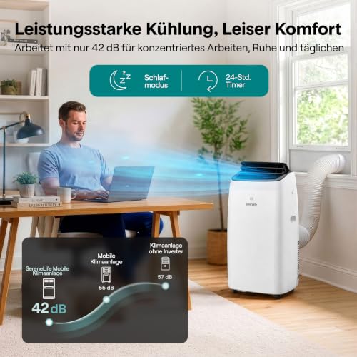 SereneLife Mobile Klimaanlage mit WLAN 16000 BTU 4,69kW- Klimagerät mit Abluftschlauch und Fensterkit, 4-in-1: Kühlen Heizen Entfeuchten Ventilieren, Fernbedienung, Timer, Sleep Mode, bis 50m²