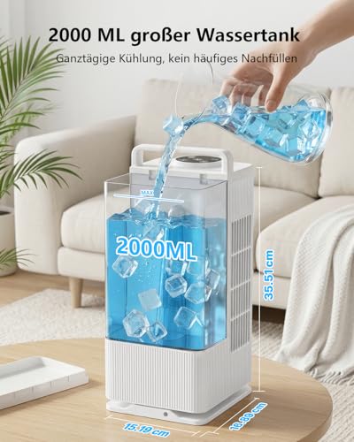 Aiorber Mobil Klimaanlage Mini Luftkühler: Ventilator mit Wasserkühlung 2000ml Wassertank-120°Oszillation, 4 Windstufen, LED, Timer-Fernbedienung Klimagerät ohne Abluftschlauch für Zuhause&Büro