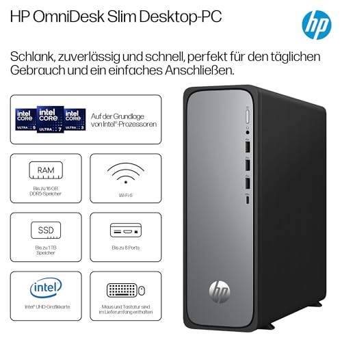 HP OmniDesk Slim Desktop S03-0250ng, Intel Core i5-14400, 16 GB DDR5 RAM, 512 GB PCIe Gen4 SSD, Intel UHD Graphics 730, Windows 11 Home, Wi-Fi 6, USB Type-C, Meteor Silver/Jack Black