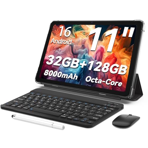 TUOHAITIME Android 16 Tablet, 11Zoll Tablet, 32GB+128GB 1 TB erweiterbar, Produktivitäts-Bundle mit Tastaturhülle, Eingabestift, Octa-Core Prozessor, Dual-Kamera, WiFi, 8000-mAh-Akku (Schwarz)