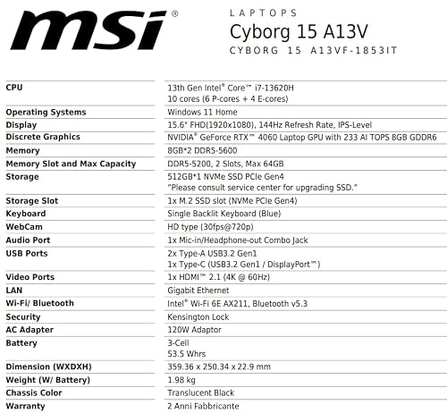 msi Cyborg 15 A13VF-1853IT, Gaming-Notebook, Intel Core i7-13620H, Nvidia RTX 4060 8 GB GDDR6, 16 GB RAM DDR5, 512 GB PCIe4, WiFi 6E, Win 11 Home