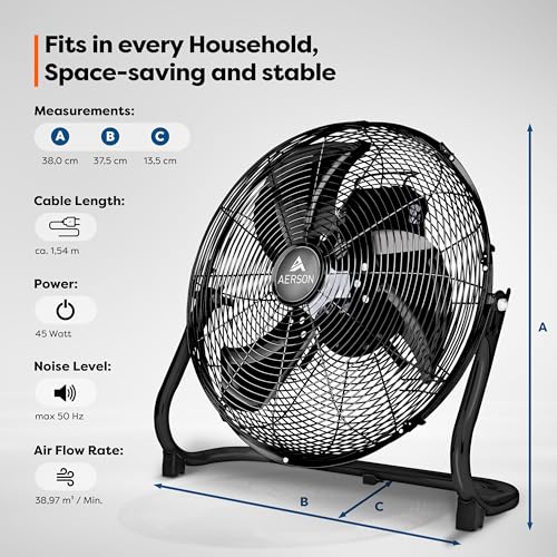 AERSON® Bodenventilator 30cm | Windmaschine mit 3-Leistungsstufen 55W | Standventilator Ventilator hoher Luftdurchsatz | Standlüfter Raumkühler aus Metall | Stufenloser Neigungswinkel bis 110 Grad