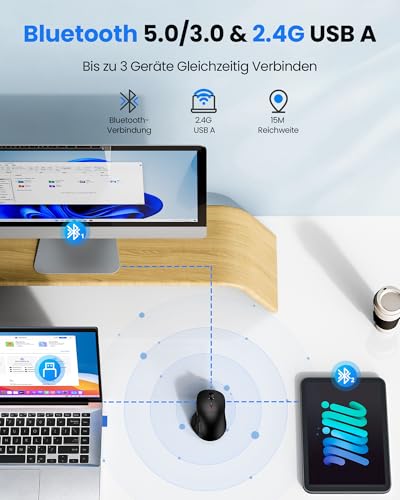 TECKNET Bluetooth Maus Wiederaufladbar, Tri-Modi (2BT+USB) Maus Kabellos | Ergo Daumenauflage, 4800 DPI/6 Tasten, Leise Computer Funkmaus für Laptop, PC, Mac OS, Android, Windows