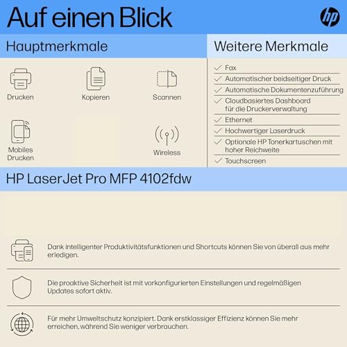 HP LaserJet Pro MFP 4102fdw Multifunktions-Laserdrucker Schwarz-Weiß, WLAN, Fax, Automatischer beidseitiger Druck, Hohe Druckgeschwindigkeit, Wolf Pro Security