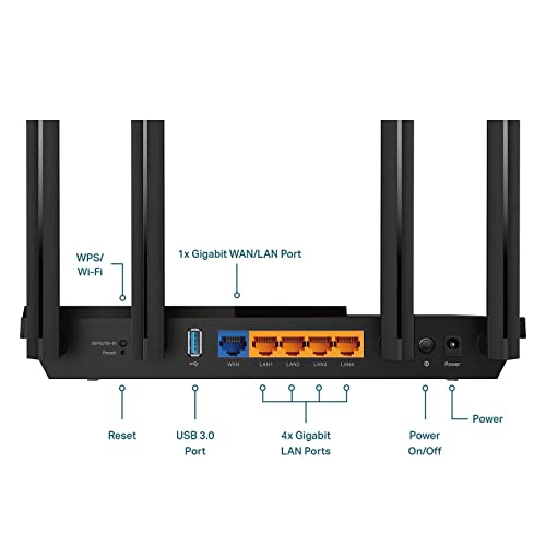 TP-Link Archer AX55 Wi-Fi 6 WLAN Router, 2402 Mbit/s 5 GHz, 574 Mbit/s 2,4 GHz, 4 × Gigabit LAN-Ports, 1 × USB 3.0 Port, unterstützt Keine DSL-Funktion