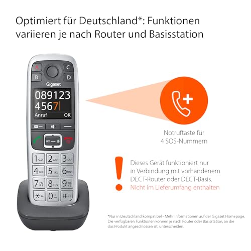 Gigaset E560HX - DECT-Mobilteil mit Ladeschale - Fritzbox-kompatibel - Schnurloses Senioren-Telefon für Router und DECT-Basis - Notruf mit 4 Nummern, silber [Deutsche Version] [Ohne Basis]