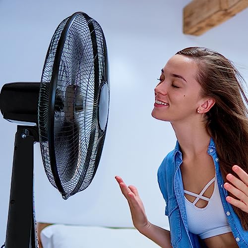 BAKAJI Standventilator mit Fernbedienung, Leistung 50 W, 3 Geschwindigkeiten, 40 cm, Höhe und Neigung einstellbar bis zu 130 cm, Timer-Funktion, rund, horizontale Schwingung (schwarz)