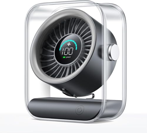 KIMMOO USB-Tischventilator Wiederaufladbar, Leiser Tischventilator mit Turbo-Luftstrom, 100 Geschwindigkeiten, Digitaldisplay, 90° Schwenkbar, Kleiner Ventilator für Schlafzimmer Büro Reise, Schwarz