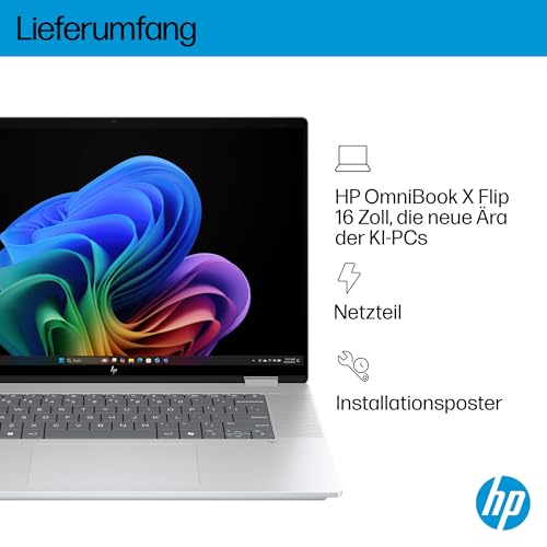 HP OmniBook X Flip, 16" 3K, Intel Core Ultra 7, 32GB RAM, 1TB SSD | Copilot+ Premium 2-in-1 Laptop mit großem 3K-Touchdisplay für Kreativarbeit, Business und Multitasking, QWERTZ, Silber