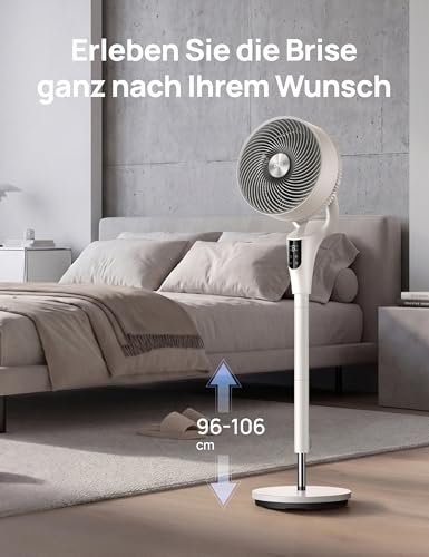 DREO Leiser Standventilator für Schlafzimmer [Verbessert], 27m Luftstrom, Leise, 90° Oszillierend, DC-Motor, 8 Geschwindigkeiten, 3 Modi, 96–106cm Höhenverstellbar, 8H Timer, 105° Manuell Neigbar