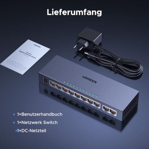 UGREEN 10-Port Gigabit LAN Switch Unmanaged, Metallgehäuse, Plug & Play