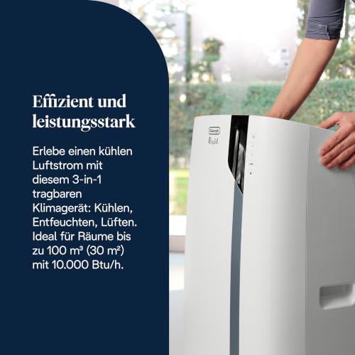 De'Longhi Pinguino - Mobiles Klimagerät, für Räume bis 30 m², mit Luftentfeuchter & Ventilator, 10000 BTU, Leiser Betrieb, Eco-Real-Feel, Fernbedienung, Timer, Energieeffizienzklasse A+++ (PACEX105)