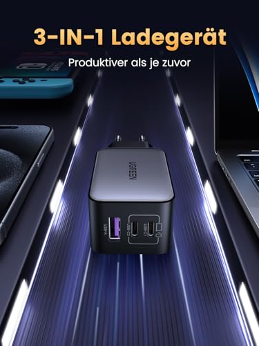 UGREEN Nexode 65W USB C Ladegerät, 3-Port, GaN Netzteil, PPS Charger 60W