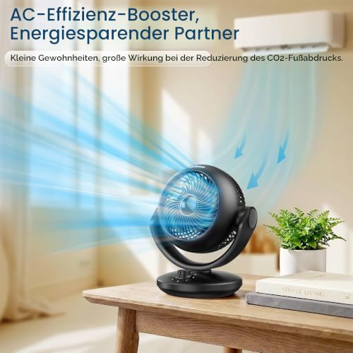 Deeylious Ventilator Leise, 22dB Tischventilator sehr Leise, Fan mit 3 Geschwindigkeiten 100°+70° Verstellbare Neigung für 20m² Räume, Kraftvoll 3D Turbo Ventilatoren für Büro, Schlafzimmer, Schwarz