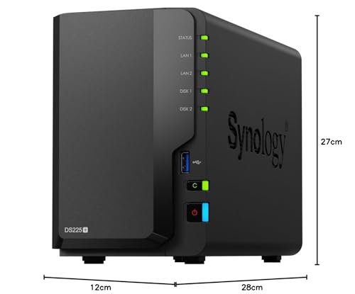 Synology DS225+ 2-Bay Diskstation NAS (Intel Celeron J4125 4-Core 2.0 GHz 2GB DDR4 RAM 2xRJ-45 1GbE LAN-Port)