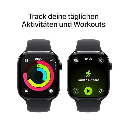 Apple Watch Series 11 GPS 46 mm Smartwatch mit Aluminiumgehäuse in Diamantschwarz und Sportarmband in Schwarz (S/M). Schlafindex, Fitnesstracker, Gesundheitstracking, Always-On Display, Wasserschutz