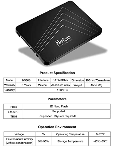 Netac SSD 2TB, SSD Festplatte Intern Sata 3.0 2,5 Zoll für Laptop, PC, Desktop, (N530S, Schwarz, 3D Nand)