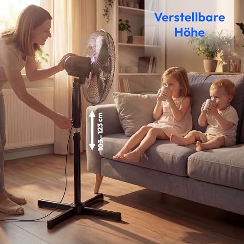 MEDION Standventilator mit Fernbedienung, drei Geschwindigkeitsstufen, 45 Watt Leistung, 36 cm, Schwenkfunktion, Oszillation, verstellbare Höhe, MD18795, schwarz
