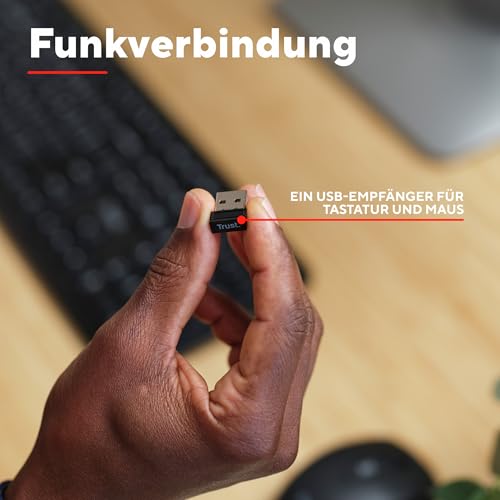 Trust Ymo II Leise Tastatur Maus Set Kabellos Deutsches Layout (QWERTZ) | Flachen Tasten, Spritzwassergeschützt, Beidhändig Funkmaus 800-1600 DPI, Ein USB-Empfänger, für PC Computer Laptop Mac