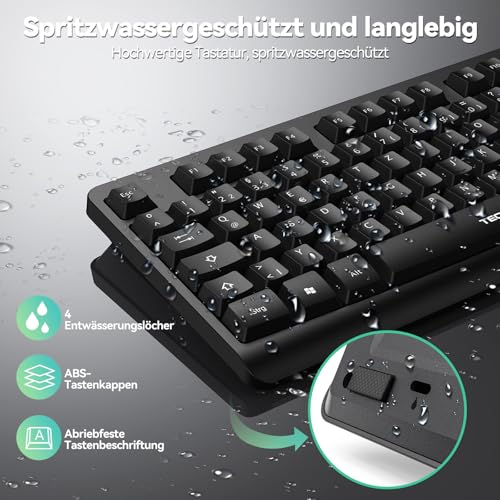 TECKNET Tastatur Maus Set Kabellos,2.4GHz USB Tastatur und Maus Kabellos | QWERTZ Layout,Spritzwassergeschützt,Funktastatur mit Maus,Vollformat,Energieeffizientes Design,Plug & Play für Laptop/PC/Mac