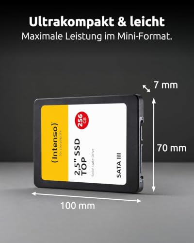 Intenso Top Interne 2,5" SSD SATA III, 256 GB, Schwarz | Schnelle 6 Gbps Schnittstelle mit 520 MB/s Lesegeschwindigkeit, stoßfest, lautlos und ideal für Laptops