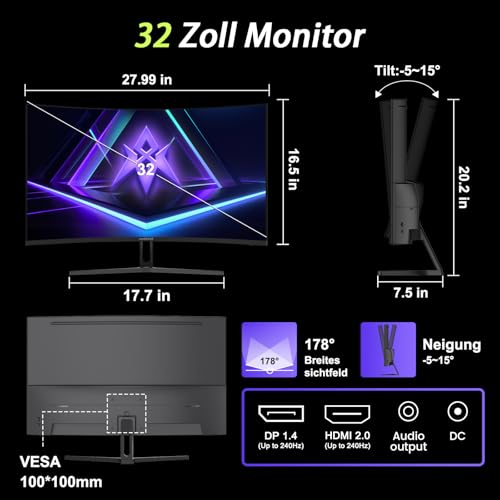Amzfast Gaming Monitor 32 Zoll Curved – 240Hz, FHD 1920x1080, 1 ms MPRT, 1500R, Adaptive Sync, HDR, sRGB 125%, VESA 100x100, HDMI 2.0 & DP 1.4 (AMZG32C1F)