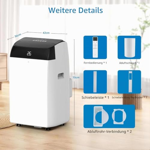 Mobiles Klimagerät 12000 BTU (2,6kW) – 4-in-1: Kühlen, Ventilieren, Entfeuchten, 24h-Timer – Leiser Betrieb <53dB, Digitaldisplay, Abluftschlauch, Für Räume Bis 51㎡