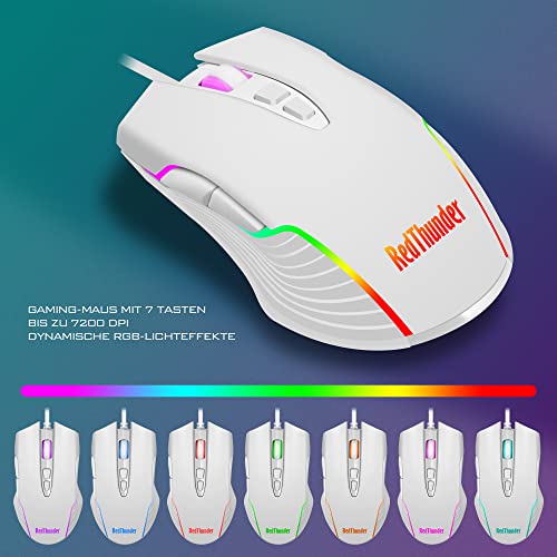 RedThunder K10 Gaming Tastatur und Maus Set, QWERTZ DE-Layout, Metallplatte und Handballenauflager，RGB-Hintergrundbeleuchtung - und 7D mit Ergonomische - für PC Mac Gamer(Weiß)