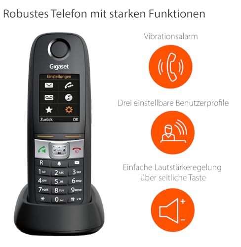 Gigaset E630 - Robustes Schnurloses DECT-Telefon - Mobilteil für Werkstatt - stossfest, staubresistent & wasserabweisend (IP65) - Vibrationsalarm - Lautstärkeregelung, schwarz [Deutsche Version]