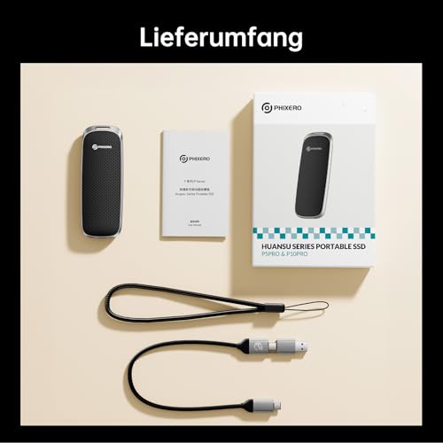 PHIXERO P10PRO Externe Tragbare NVMe SSD 2TB, Bis zu 1050MB/s, USB 3.2 Gen2, Inklusive 2-in-1 USB C Kabel, Externe Festplatte Portable SSD für iPhone 15/16 PRO/Android/Mac, Schwarz