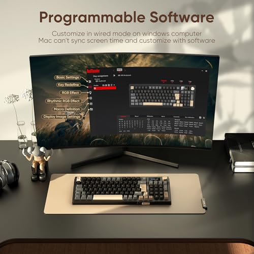 RedThunder K95 Kabellose Mechanische Gaming-Tastatur mit 1,88” Display & Knopf, QWERTZ 96 Tasten, Gasket, BT/USB-C/2,4GHz, Software, Hot-swap, Linear-Pink-Schalter, RGB, PBT-Tastenkappen, 8000mAh.