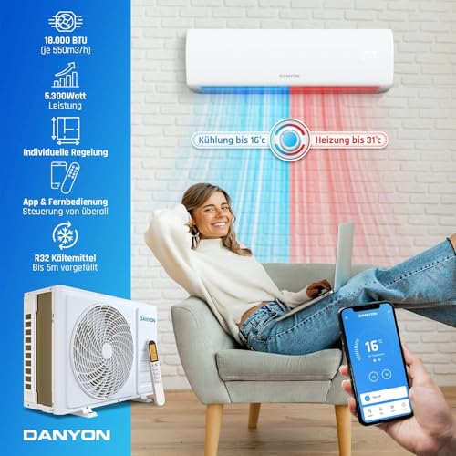 Danyon Multisplit Klimaanlage 2 Innengeräte - 18000 BTU - 5,2 kW, sehr leise & energiesparend, Smart Home, Inverter Klimagerät mit Heizfunktion, WiFi und App, Splitgerät vorgefüllt