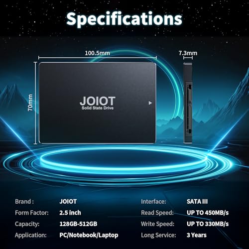 JOIOT Interne SSD 128 GB interne Festplatte, Bis 450 MB/s Lesen & 330 MB/s Schreiben, interne SSD 128 GB SATA III 2,5 Zoll Solid State Drive Interne kompatibel mit Laptop und Desktop-PC Schwarz
