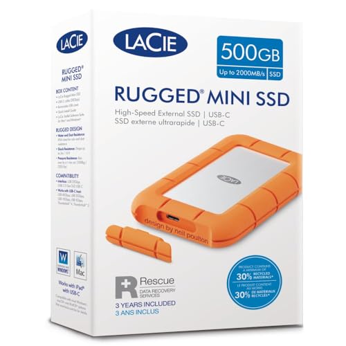 LaCie Rugged Mini Externe SSD 500GB, 40 Gb/s, 2.000 MB/s,kompatibel mit PC/Mac/iPad/Thunderbolt 4 u. 3, Data Rescue Service (STMF500400)