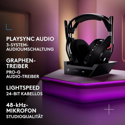 Logitech G Astro A50 Lightspeed, Kabelloses Gaming-Headset + Basisstation | 5. Generation, 3-System-Umschaltung, USB-C, Xbox, PS5, PC/Mac, Bluetooth, kabelloses Headset mit Mikrofon für PC