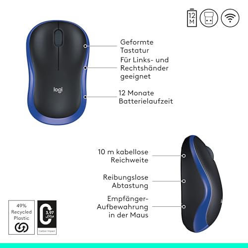 Logitech M185 Kabellose Maus, 2,4 GHz mit USB-Nano-Empfänger | 12 Monate Batterielaufzeit, 1000 DPI Optical Tracking, Für Links- und Rechtshänder, Kompatibel mit PC, Mac, Laptop - Blau