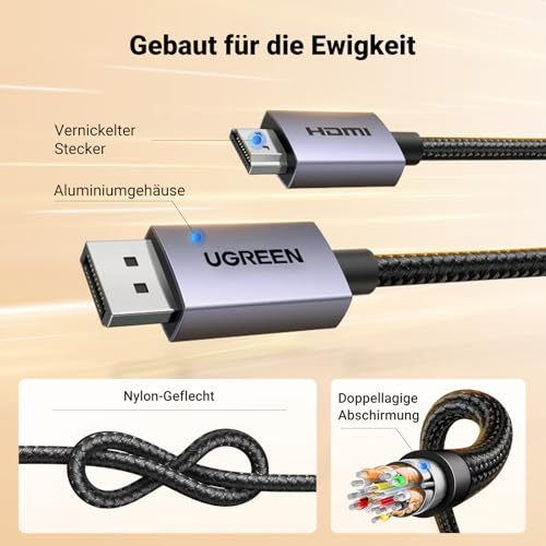 UGREEN 4K@30Hz DP zu HDMI Kabel Aluminium, Uni-Directional Übertragung (2M) | DP-zu-HDMI-Kabel 4K 30Hz 2K 60Hz 1080P 120Hz mit HDR 3D unterstützt auch HDCP und EDID, Anti-Interferenz und Haltbarkeit