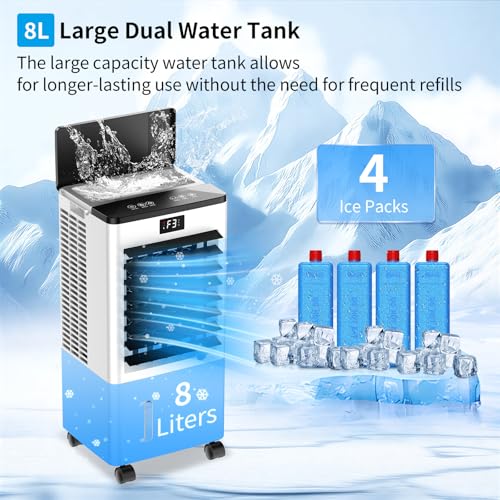Mobile Klimaanlage, Luftkühler mit Bildschirm, 3 Modi & 3 Windgeschwindigkeit, 12H Timing, Fernbedienung, 8L Großer Wassertank, 4 Eispacks, 60W Mobiles Klimatisierungsgerät Ohne Abwasseranschluss