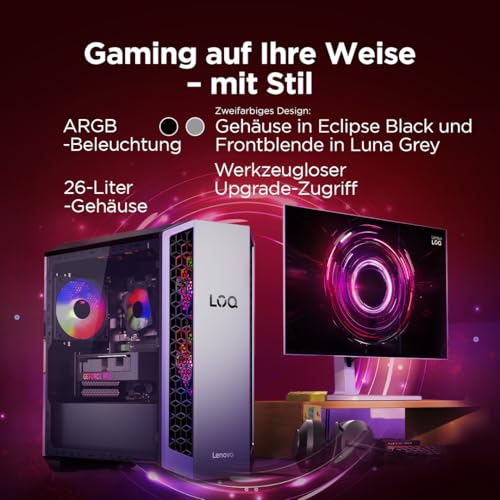 Lenovo LOQ Tower Gaming Desktop-PC | NVIDIA GeForce RTX 5060 8GB | AMD Ryzen 7-8745HX | 32RAM | 1TB | Win11 | 26L | Luna Grau-Eclipse Black | 3 Monate GamePass