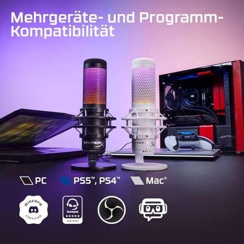HyperX QuadCast S USB Mikrofon mit RGB-Beleuchtung | Streaming & Content Creation, Vibrationsgeschützte Halterung, Tap-to-Mute, Echtzeit-Mikrofonüberwachung