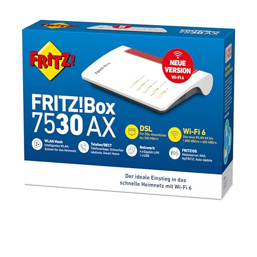 AVM Fritz!Box 7530 AX WI-FI 6 Router (DSL/VDSL,1.800 MBit/s (5GHz)&600 MBit/s (2,4 GHz),bis zu 300 MBit/s mit VDSL-Supervectoring 35b,WLAN Mesh, DECT-Basis, geeignet für Österreich