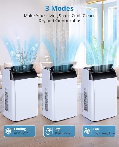 Mobile Klimaanlage 10000 BTU, 3-in-1 Kühlen Entlüften Lüften, bis 46 m², 48 dB leise, 24h Timer, inkl. Fernbedienung & Montagematerial, Weiß/Schwarz