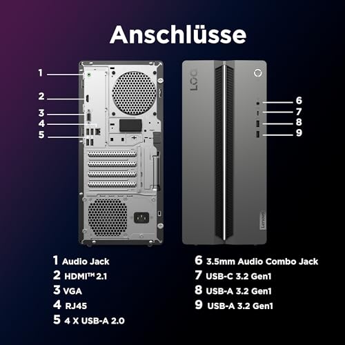 Lenovo LOQ Tower Gaming Desktop-PC | NVIDIA GeForce RTX 5060 | Intel Core i5-14400F |16GB RAM | 1TB SSD | Win11 Home | Luna Grau - Raven Schwarz | 17L | 3 Monate GamePass | 3 Monate Premium Care