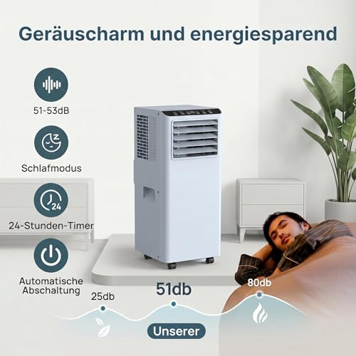 Mobile Klimaanlage 9000 BTU, 3-in-1 Kühlen Entfeuchten Lüften, bis 37 m², 320 m³/h Luftstrom, 51 dB leise, 24h Timer, inkl. Fernbedienung, Weiß