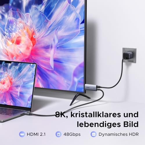 UGREEN USB-C auf HDMI Kabel, 8K@60Hz, 4K@240Hz, 140W PD Schnelllade, 2M | Typ C Thunderbolt 5/4/3, HDMI 2.1, HDR, Unidirektionaler Adapter, kompatibel mit MacBook, iPhone 18, iPad, Galaxy S26
